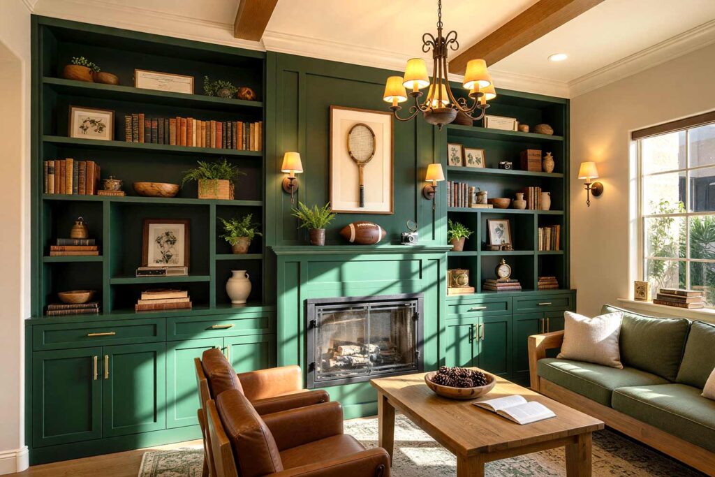 Craftsman Living Room with Forest Green Fireplace Surround and Shelving Oat Walls and Cream Trim-2, warm craftsman living room forest green fireplace surround shelving warm oat walls cream trim. A cozy Craftsman-style living room in a Scottsdale neighborhood featuring forest green built-in bookshelves and fireplace surround that create a unified architectural statement. Mission-style furniture, vintage sports memorabilia, and natural history books add character. Late afternoon sunlight highlights the rich textures and warm colors, offering grounded bookshelf paint color ideas for painting built-in bookshelves with authentic Craftsman style. bookshelf paint color ideas, painting built-in bookshelves, color ideas for painting bookshelves, built-in bookcase design ideas, ideas for painting built-in shelves, built-in bookshelf color inspiration, bookcase paint colors