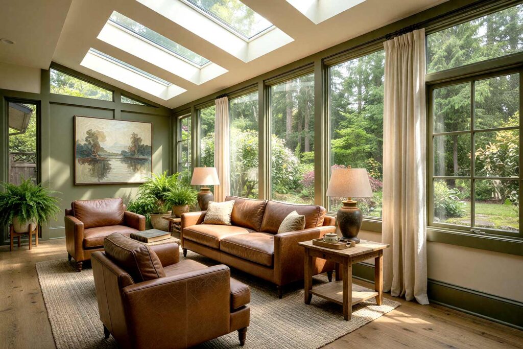 Craftsman Sunroom with Warm Greige Walls and Olive Accents-4, craftsman charm sunroom warm greige walls deep olive accent wall soft ivory trim natural hardwood floors scottsdale neighborhood. A serene sunroom in a Scottsdale neighborhood featuring warm greige walls and ceiling with a deep olive accent wall and trim. The space includes a worn leather reading chair, an aged bronze reading lamp, and a cluster of potted ferns. Filtered afternoon sunlight creates dramatic shadows and highlights, evoking a calm and nostalgic Craftsman retreat perfect for slow Sunday mornings. sunroom paint palette, arizona room paint palette, sunroom wall colors, sunroom paint inspiration, desert sunroom color ideas, arizona room decor colors, sun porch paint colors