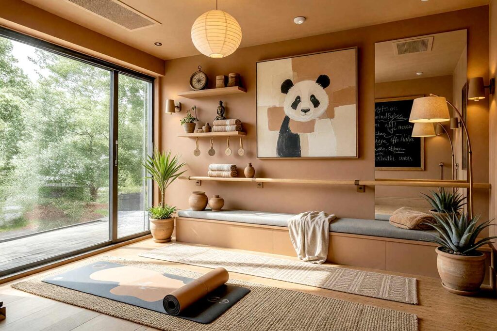 Desert Hot Yoga Sanctuary with Muted Clay Walls and Dusty Sand Ceiling-3, hot yoga home gym paint colors muted clay walls dusty sand ceiling dusty sand trim cork flooring desert spa scottsdale. A serene desert spa hot yoga sanctuary in a Scottsdale neighborhood featuring unrolled Liforme and Manduka Pro yoga mats positioned to catch soft, filtered light, surrounded by warm muted clay walls that evoke authentic desert oasis aesthetics. Curated desert spa décor includes cork yoga blocks, rolled organic cotton bolsters, a wall-mounted sprung oak ballet barre, raw clay pots clustered near infrared heating panels, a woven textured wall hanging, memory foam meditation cushions, and a warm mineral-scented diffuser with citrus mat cleaner notes evoking authentic heated sanctuary atmosphere . Dusty sand ceiling and trim create striking visual continuity while maintaining the harmonious tonal palette, while cork flooring provides natural grip and eco-conscious warmth. Natural light filters through sheer curtains casting a soft, almost underwater glow, while warm pendant fixtures and wall sconces create gentle illumination. Dramatic natural light and warm glow create dynamic shadows and highlights, transforming the gym into a premium desert spa where every breath honors the landscape and every moment becomes a transformative ritual. fitness room paint colors, yoga studio paint colors, home fitness room color scheme, workout room paint ideas, gym wall colors