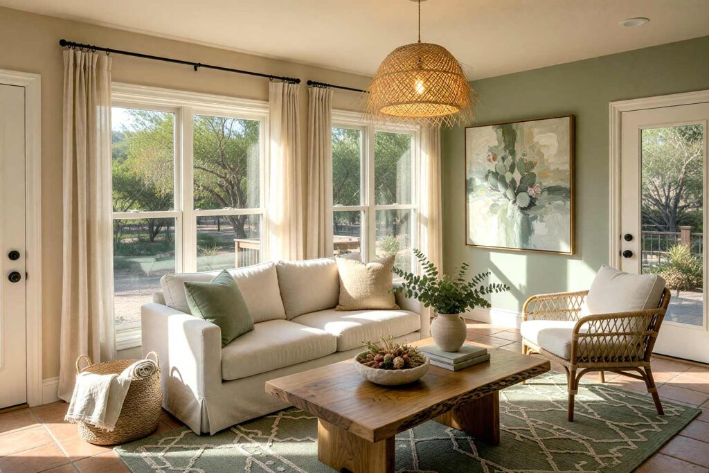 Desert Oasis Sunroom with Warm Oat Walls and Sage Green Accent Wall-3, desert oasis sunroom warm oat walls muted sage green accent wall terra cotta tile floors natural decor scottsdale neighborhood. A serene sunroom in a Scottsdale neighborhood featuring warm oat walls, a muted sage green accent wall, and terra cotta tile floors. Décor includes a linen sofa, a rattan armchair, a live-edge coffee table, and a woven palm-leaf pendant light. Late afternoon sunlight enhances the earthy tones and textures, creating a tranquil desert-inspired retreat. sunroom paint colors, arizona room color scheme, sunroom color scheme, sunroom color palette, sunroom colors, arizona room paint colors, arizona room paint scheme, sunroom paint ideas
