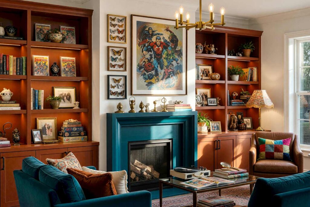 Eclectic Living Room with Burnt Sienna Shelving and Deep Teal Fireplace Surround-4, eclectic maximalism living room burnt sienna shelving deep teal fireplace surround warm white walls and trim. A vibrant living room in a Scottsdale neighborhood featuring burnt sienna built-in bookshelves flanking a deep teal fireplace surround. The space is filled with layered art, comic books, pinned butterflies, and eclectic textiles, perfect for painting built-in bookshelves with bold bookshelf paint color ideas. Evening sunlight highlights the rich colors and dynamic textures, creating a lively, personal atmosphere. paint colors for built-in shelving, built-in cabinetry paint ideas, bookshelf color palette ideas, painted bookcase design inspiration, colors for built-in bookshelves, bookshelf and cabinet paint pairings