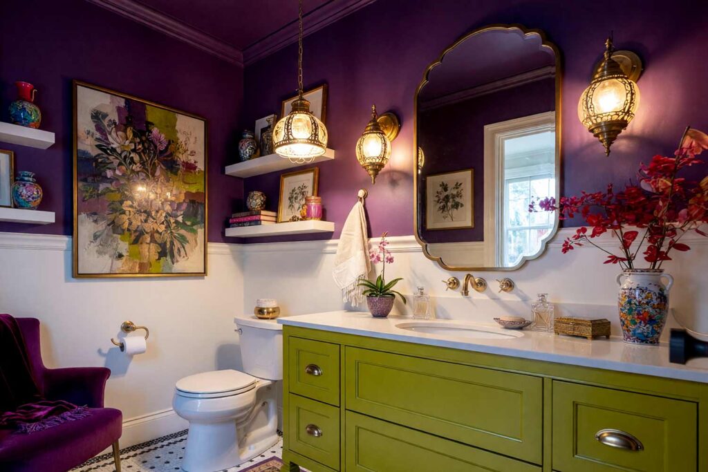 Eclectic Powder Room with Violet Walls and Chartreuse Green Cabinet-3, eclectic maximalist powder room deep violet walls chartreuse green cabinet soft white trim vintage brass lighting. A bold powder room in a Scottsdale neighborhood featuring deep violet walls paired with a sharp chartreuse vanity and soft white trim. Patterned wallpaper, vintage brass lighting, and layered accessories create a confident maximalist atmosphere. Dynamic lighting highlights the rich jewel tones and eclectic textures, making this powder room unforgettable. powder room design ideas, half bath color ideas, powder room decorating ideas, small bath paint colors, powder room wall color ideas, bold bathroom paint ideas, powder room makeover ideas, powder room paint inspiration