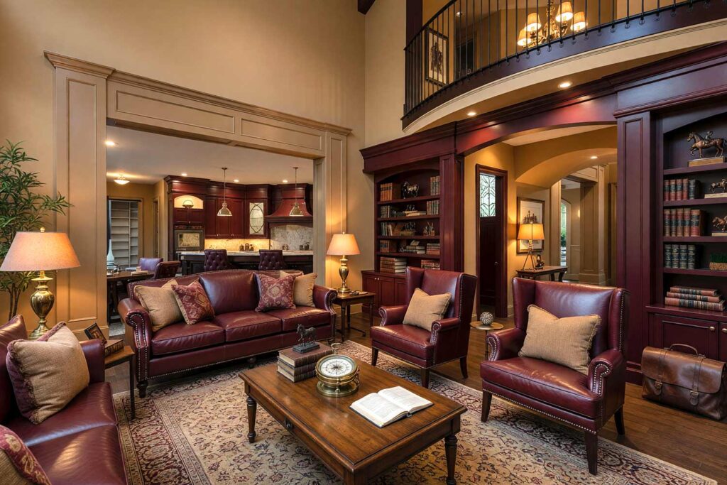 Equestrian Study with Deep Burgundy Cabinets Warm Camel Walls and Trim-2, equestrian study deep burgundy cabinets warm camel walls ceiling and trim. A refined traditional study in a Scottsdale neighborhood featuring deep burgundy built-in bookshelves against warm camel walls and trim. Decor includes vintage riding crops, leather-bound journals, horse figurines, and a worn leather satchel. Late afternoon sunlight highlights the rich colors and textures, offering classic bookshelf paint color ideas for painting built-in bookshelves with countryside elegance. paint colors for built-in shelving, built-in cabinetry paint ideas, bookshelf color palette ideas, painted bookcase design inspiration, colors for built-in bookshelves, bookshelf and cabinet paint pairings