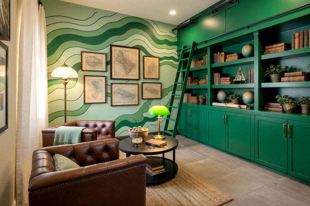 Explorers Library with Emerald Green and Charcoal Topographical Striped Accent Wall-1, explorer’s library emerald green charcoal topographical striped accent wall pale green walls warm ivory ceiling charcoal trim. A bold Scottsdale neighborhood library featuring an emerald green desk, tufted leather club chair, and vintage travel decor. The topographical-striped accent wall adds dynamic movement, while afternoon sunlight highlights the textures of the jute rug and brass accents, creating an adventurous, immersive space. bold striped wall paint, two-color striped walls, painting a striped wall, vertical striped wall paint, horizontal striped wall paint, multicolor wall stripes, custom painted stripes