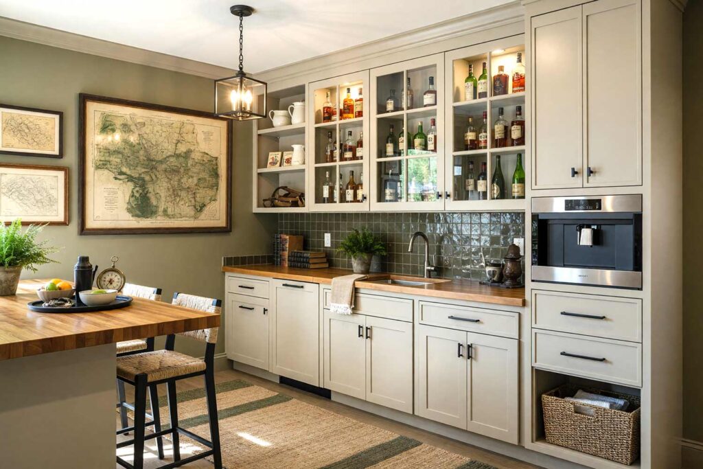 Farmhouse Home Bar with Warm Olive Walls and Oatmeal Cabinets-1, inviting modern farmhouse home bar warm olive walls oatmeal cabinets warm white ceiling deep olive baseboards. A fresh home bar in a Scottsdale neighborhood featuring shaker-style cabinetry with black metal hardware, woven fiber stools, and vintage farm plat maps. Décor includes woven jute rugs, antique farming tools, and simple black metal pendant lighting. Dramatic natural and artificial light highlights the earthy palette and welcoming farmhouse vibe. bar cabinet paint colors, home bar color palette, wine nook paint colors, built-in bar paint scheme, bar area color combinations