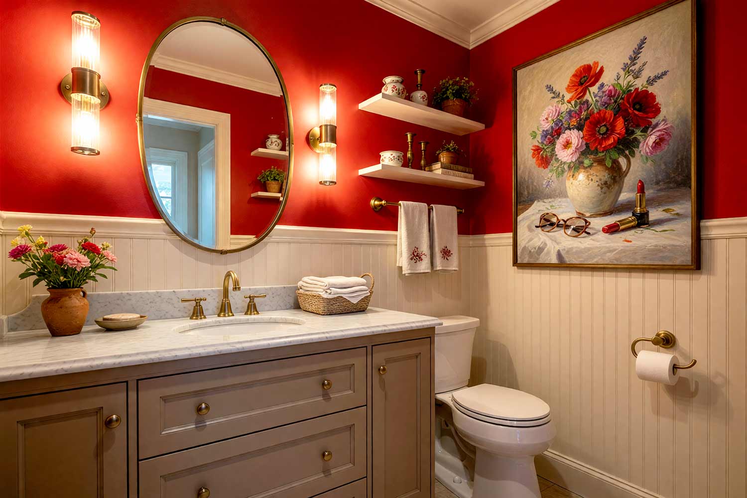 French Country Powder Room with Poppy Red Walls Warm Taupe Cabinet and Cream Trim-6, elegant french country powder room poppy red walls warm taupe cabinet cream trim aged brass lighting. A sophisticated powder room in a Scottsdale neighborhood featuring bold poppy red walls paired with a warm taupe vanity and cream trim. Toile accents, aged brass lighting, and soft linen textiles create a curated French country atmosphere. Dynamic lighting highlights the rich colors and refined textures, making this powder room feel both lively and elegant. powder room design ideas, half bath color ideas, powder room decorating ideas, small bath paint colors, powder room wall color ideas, bold bathroom paint ideas, powder room makeover ideas, powder room paint inspiration
