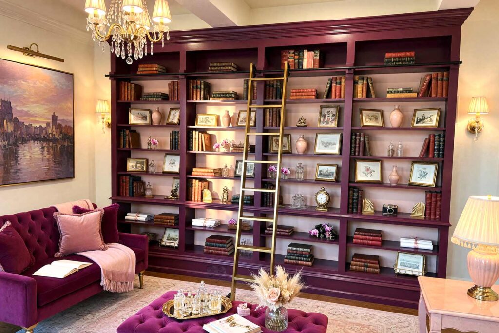 Glamour Library with Deep Plum Shelving and Warm Cream Walls-2, boutique hotel glamour library deep plum shelving blush petal back panel warm cream walls and trim. A luxurious library in a Scottsdale neighborhood featuring deep plum built-in bookshelves packed with leather-bound books and curated art volumes against a blush petal back panel, perfect for painting built-in bookshelves with elegant bookshelf paint color ideas. The space includes a tufted velvet bench, tasseled lamp, vintage postcards, and antique perfume bottles, creating a boutique hotel ambiance. Golden hour sunlight enhances the rich colors and glamorous details, inviting indulgent relaxation. bookshelf paint color ideas, painting built-in bookshelves, color ideas for painting bookshelves, built-in bookcase design ideas, ideas for painting built-in shelves, built-in bookshelf color inspiration, bookcase paint colors