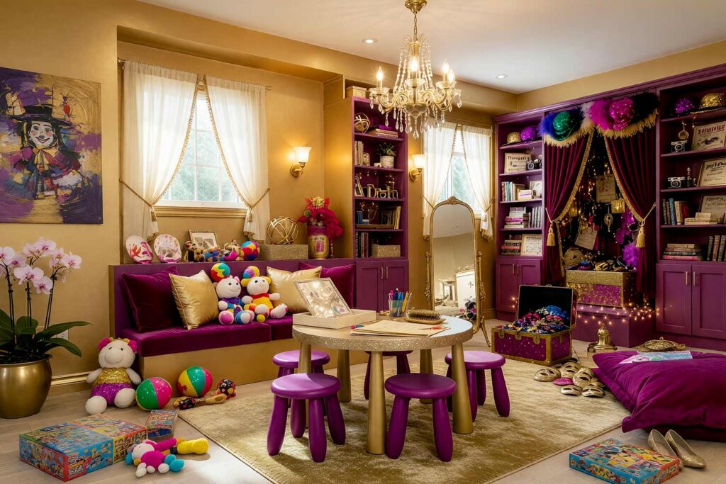 Glitz and Glam Playroom with Golden Ochre Walls and Plum Bookshelves-10, glamorous glitz and glam playroom golden ochre walls plum bookshelves soft white ceiling playroom paint colors. A luxurious glitz and glam playroom in a Scottsdale neighborhood featuring shimmering golden ochre walls paired with rich plum built-in bookshelves. The soft white ceiling and golden ochre trim frame the space elegantly. A mini stage with velvet curtains, fairy lights, and a dress-up trunk overflowing with sequins create a theatrical atmosphere. A crystal chandelier and brass sconces add sparkling illumination. Afternoon sunlight highlights the plush textiles and glittering accessories, making this playroom a dramatic and glamorous destination for young performers. playroom color inspiration, best colors for a playroom, playroom wall colors, children's playroom paint ideas, kids' room paint palette, playroom decorating colors, color ideas for kids' playrooms