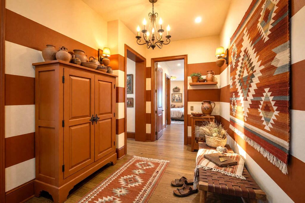 Hacienda Hallway with Terracotta and Warm Cream Striped Accent Walls-4, southwestern hacienda hallway terracotta warm cream striped accent wall warm cream walls ceiling sun-baked clay trim terracotta armoire. A warm Scottsdale neighborhood hallway featuring wide terracotta and cream stripes, a terracotta armoire topped with hand-thrown pottery, and a hand-woven wool wall hanging. Late afternoon sunlight enhances the glowing stripes and rustic textures, evoking the relaxed charm of a Santa Fe courtyard with subtle piñon incense and desert warmth. painting striped walls, painting wall stripes, painted wall stripes, two tone striped walls, painting striped accent walls, striped wall paint ideas, painted stripe walls