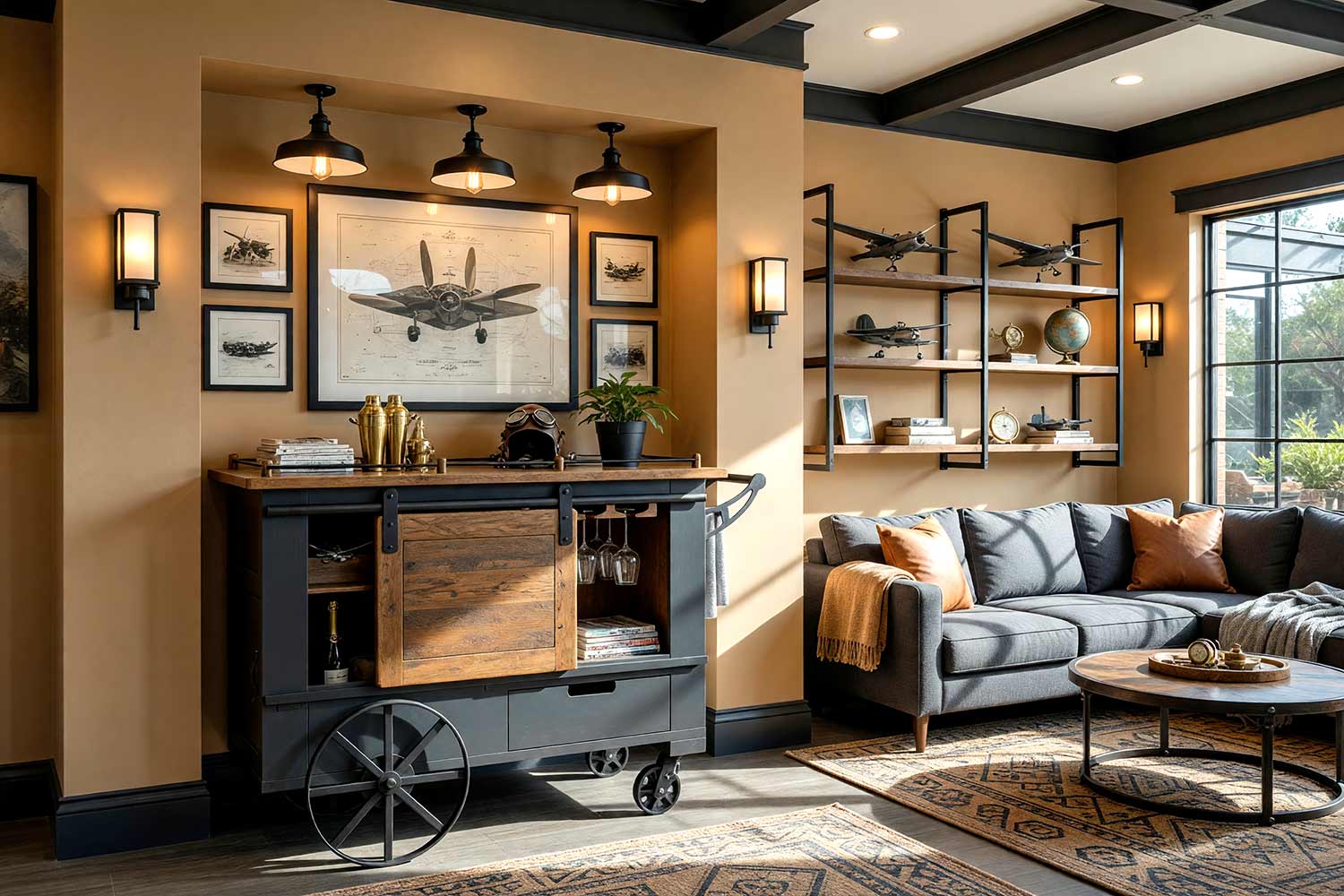 Industrial Loft Home Bar Cart with Warm Camel Walls Soft Charcoal Cabinets-2, industrial loft home bar warm camel walls soft charcoal cabinetry warm white ceiling deep charcoal trim. A rugged home bar in a Scottsdale neighborhood featuring a reclaimed wood bar, camel leather stools, and vintage aviation décor. Décor includes framed propeller blueprints, model planes, and industrial lighting. Dramatic natural and artificial light highlights the textures and bold palette of this aviation-inspired space. home bar paint colors, house paint colors, paint color inspiration, bar nook colors, wet bar paint colors, cocktail nook color palette, entertainment nook paint scheme