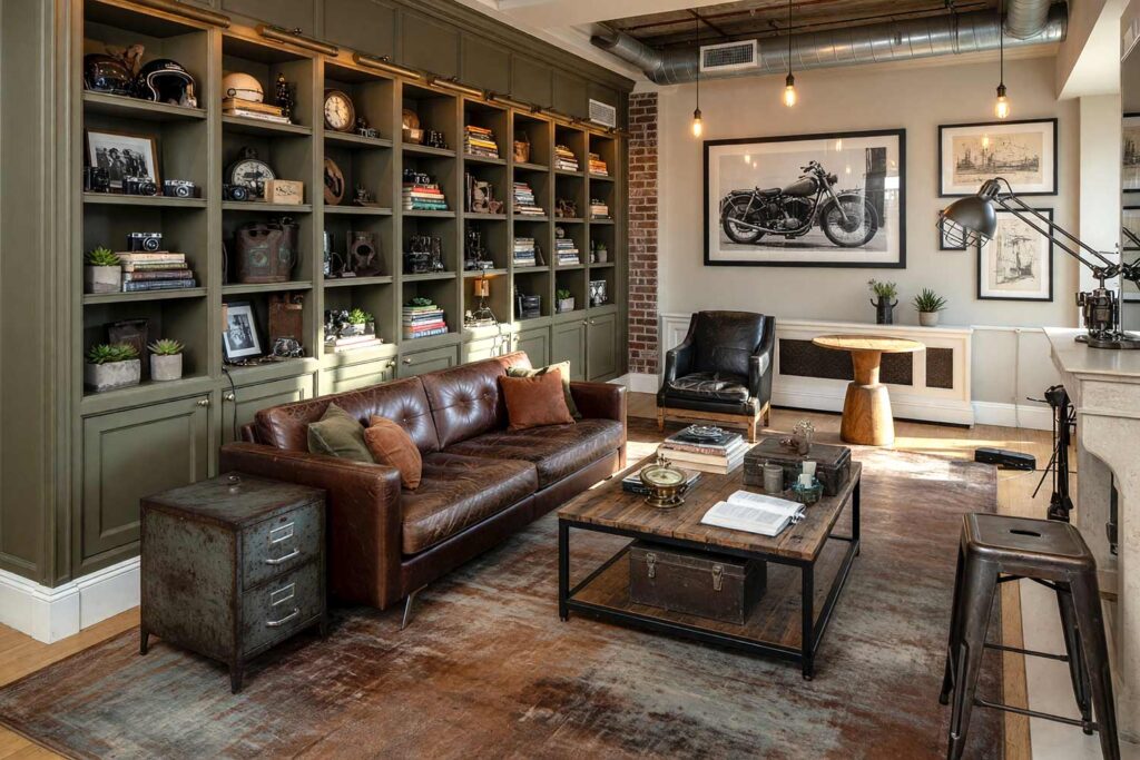 Industrial Loft with Olive Drab Cabinets and Light Greige Walls-2, industrial loft edge olive drab cabinets burnt rust accents light greige walls stark white ceiling and trim. A raw and rebellious industrial loft living room in a Scottsdale neighborhood featuring olive drab built-in bookshelves against light greige or exposed brick walls. Burnt rust accents and vintage motorcycle memorabilia create an unpolished, authentic atmosphere. Edison bulb lighting and distressed leather furnishings complete the look, offering bold bookshelf paint color ideas for painting built-in bookshelves with industrial edge. paint colors for built-in shelving, built-in cabinetry paint ideas, bookshelf color palette ideas, painted bookcase design inspiration, colors for built-in bookshelves, bookshelf and cabinet paint pairings
