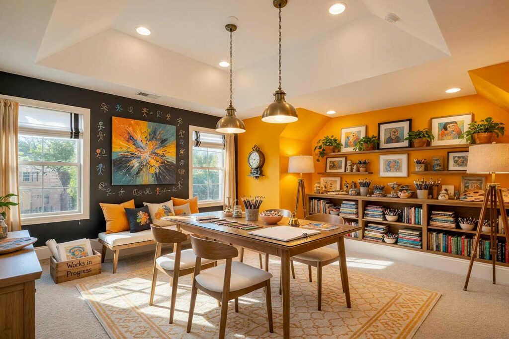 Interactive Art Studio with Marigold Walls and Charcoal Chalkboard Feature Wall-2, interactive art studio playroom marigold walls charcoal chalkboard feature wall crisp white ceiling warm cream trim playroom paint colors. A vibrant creative haven in a Scottsdale neighborhood featuring marigold walls paired with a charcoal chalkboard feature wall that serves as a rotating gallery for artistic expression. The crisp white ceiling and warm cream trim with semi-gloss finish frame the space elegantly. A large wooden art table with tapered legs is surrounded by four cream-cushioned chairs, while floating shelves display organized art supplies, finished masterpieces, and creative inspiration. Vintage-style brass pendant lights cast warm illumination across the space. Afternoon sunlight creates dramatic shadows and highlights the electric marigold walls and charcoal chalkboard surface, making this playroom the perfect destination for young artists to experiment, create, and celebrate their gloriously questionable modern art. playroom paint colors, color palette for playroom, kids room color scheme, playroom color palette, playroom color combinations, paint colors for playrooms, kids playroom color ideas, playroom color schemes