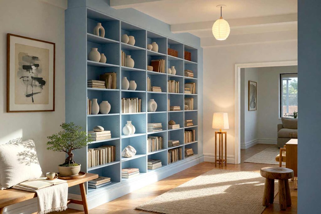 Japandi Calm Corner with Sky Blue Cabinets and Warm White Walls and Trim, japandi calm corner sky blue cabinets warm white walls ceiling and trim. A serene Japandi-inspired nook in a Scottsdale neighborhood featuring sky blue built-in bookshelves against warm white walls and trim. Minimalist décor includes several ceramic vases, neatly bound journals, a large polished geode, and a small bonsai tree. Soft morning sunlight highlights the quiet, restorative atmosphere, offering elegant bookshelf paint color ideas for painting built-in bookshelves with Japandi calm. paint colors for built-in shelving, built-in cabinetry paint ideas, bookshelf color palette ideas, painted bookcase design inspiration, colors for built-in bookshelves, bookshelf and cabinet paint pairings