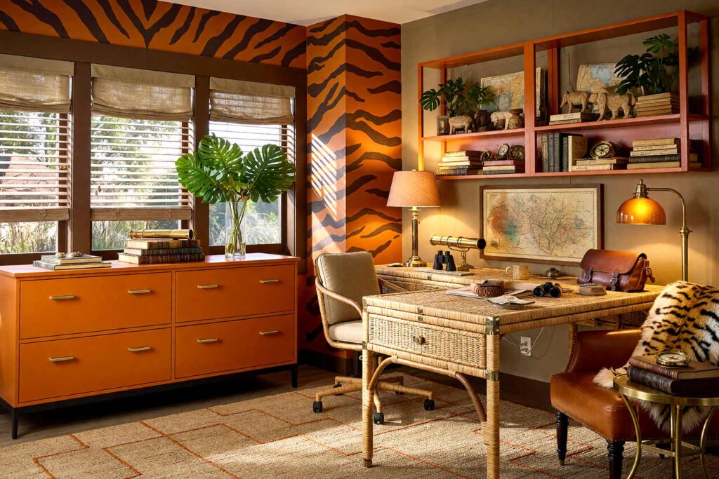Jungle Retreat Study with Burnt Orange and Deep Umber Tiger Striped Accent Wall-1, jungle retreat study burnt orange deep umber tiger striped accent wall khaki walls warm ivory ceiling deep umber trim. A bold Scottsdale neighborhood study featuring a rattan campaign desk, burnt orange leather armchair, and curated travel decor. The tiger-striped accent wall adds primal energy, while late afternoon sunlight highlights the textures of the jute rug and brass accents, creating an adventurous, immersive space. bold striped wall paint, two-color striped walls, painting a striped wall, vertical striped wall paint, horizontal striped wall paint, multicolor wall stripes, custom painted stripes