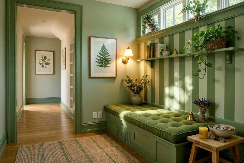 Meditation Alcove with Sage Green and Moss Green Striped Accent Wall-4, botanical meditation alcove sage green moss green striped accent wall warm ivory ceiling moss green trim. A serene Scottsdale neighborhood retreat featuring a moss green floor cushion, a floating shelf with a trailing pothos vine, and a woven jute rug. The striped accent wall evokes dappled light through leaves, while late afternoon sunlight enhances the calming, botanical atmosphere. painting striped walls, painting wall stripes, painted wall stripes, two tone striped walls, painting striped accent walls, striped wall paint ideas, painted stripe walls