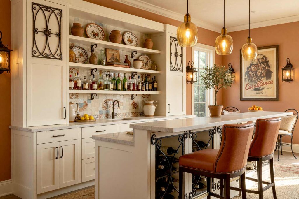 Mediterranean Home Bar with Terracotta Walls and Cream Cabinets-2, warm mediterranean revival home bar terracotta walls creamy sand cabinetry pale plaster white ceiling cream baseboards. A sun-drenched home bar in a Scottsdale neighborhood featuring rustic creamy sand cabinetry, terracotta leather stools, and wrought-iron accents. Décor includes a vintage Casablanca poster, hand-painted ceramic tile backsplash, and a wrought-iron wine rack. Dramatic natural and artificial light highlights the warm Mediterranean palette and inviting textures, evoking the charm of the Amalfi coast. home bar paint colors, house paint colors, paint color inspiration, bar nook colors, wet bar paint colors, cocktail nook color palette, entertainment nook paint scheme