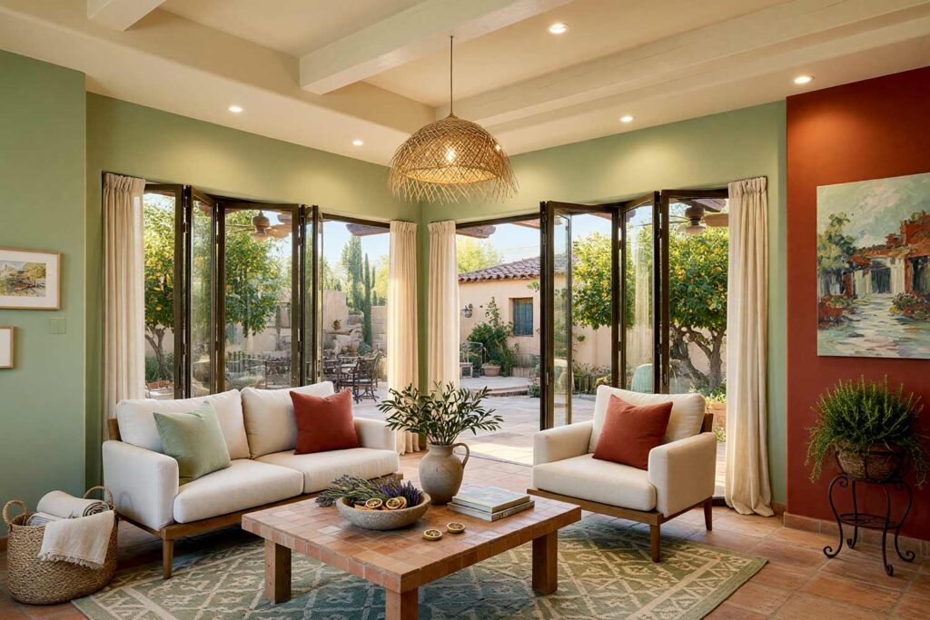 Mediterranean Revival Sunroom with Celadon Walls Clay Red Accent Wall-6, mediterranean revival sunroom soft celadon walls deep clay red accent wall terracotta tile floors scottsdale neighborhood. A serene sunroom in a Scottsdale neighborhood featuring soft celadon walls, a deep clay red accent wall, and terracotta tile floors. Décor includes a cream linen sofa, a wrought iron plant stand with a rosemary topiary, and a woven palm-leaf pendant light. Late afternoon sunlight enhances the textures and colors, creating a tranquil Mediterranean-inspired retreat. sunroom paint colors, arizona room color scheme, sunroom color scheme, sunroom color palette, sunroom colors, arizona room paint colors, arizona room paint scheme, sunroom paint ideas