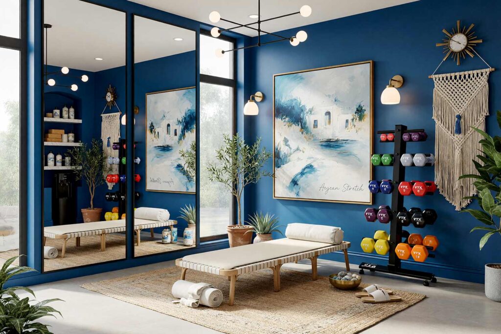 Mediterranean Stretch Studio with Blue Walls Whitewashed Ivory Ceiling-5, mediterranean coastal stretch studio aegean blue walls whitewashed ivory accent polished concrete flooring home gym paint colors sun-bleached villa in a Scottsdale neighborhood. A breezy post-workout stretch sanctuary featuring rolled Manduka Pro yoga mats on a white oak rack, cork yoga blocks stacked naturally, and organic cotton bolsters positioned for supported stretching. Floating white oak shelves display memory foam meditation cushions, silk eye masks, potted agave plants, hand-poured citrus and sea salt candles, and framed botanical prints of Mediterranean flora. A cluster of potted olive branches in terra-cotta pots and an Elkay filtered water dispenser create an authentic coastal ambiance, while a diffuser emits citrus and sea salt aromatherapy. Strong afternoon sunlight streams through arched windows, casting dramatic shadows and illuminating the whitewashed ivory accent wall, creating the sensation that a simple hamstring stretch feels like a Mediterranean holiday. fitness room paint colors, yoga studio paint colors, home fitness room color scheme, workout room paint ideas, gym wall colors