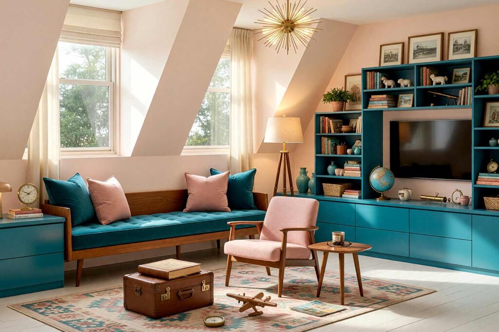 Mid-Century Explorer's Den with Blush Walls and Teal Bookshelves-7, mid-century modern playroom very light blush walls teal bookshelves soft white ceiling warm bone trim. A stylish mid-century modern playroom in a Scottsdale neighborhood featuring very light blush walls paired with built-in teal bookshelves filled with vintage travel books and globes. The soft white ceiling and warm bone trim with semi-gloss finish frame the space elegantly. A teak daybed with teal velvet cushions, a starburst brass chandelier, and a geometric wool rug create an inviting environment. Afternoon sunlight casts dramatic shadows and highlights the jewel tones and textures, making this playroom a perfect haven for young explorers dreaming of distant places. playroom paint colors, color palette for playroom, kids room color scheme, playroom color palette, playroom color combinations, paint colors for playrooms, kids playroom color ideas, playroom color schemes