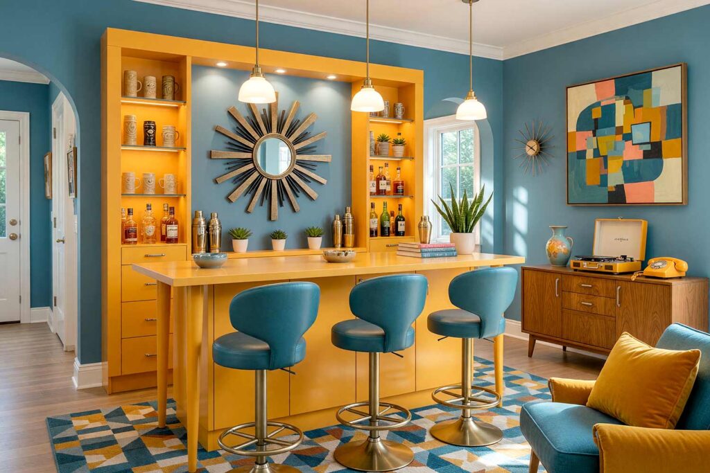 Mid-Century Modern Home Bar with Slate Teal Walls and Marigold Cabinets-1, vibrant mid-century modern home bar slate teal walls marigold cabinets soft white ceiling very light gray trim. A lively home bar in a Scottsdale neighborhood featuring a painted marigold bar, slate teal leather stools, and a starburst clock. Décor includes tiki mugs, retro cocktail shakers, and brass pendant lighting. Dramatic natural and artificial light highlights the bold mid-century modern palette and atomic kitsch details. home bar paint colors, house paint colors, paint color inspiration, bar nook colors, wet bar paint colors, cocktail nook color palette, entertainment nook paint scheme