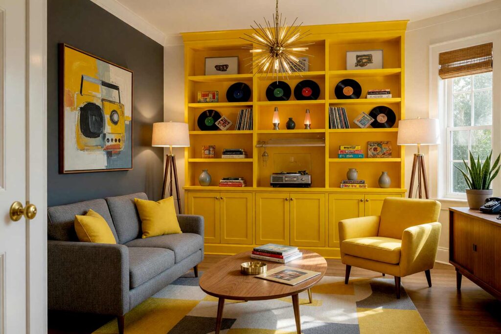 Mid-Century Modern Living Room with Yellow Shelving and Graphite Accent Wall-5, mid-century modern living room buttercup yellow shelving graphite accent wall soft off-white cloud walls crisp white trim. A cheerful living room in a Scottsdale neighborhood featuring buttercup yellow built-in shelves against a graphite accent wall, perfect for painting built-in bookshelves with bold bookshelf paint color ideas. A low-profile gray sofa, starburst chandelier, and turntable setup create a nostalgic yet modern mid-century vibe. Late afternoon sunlight highlights the vibrant colors and playful décor. bookshelf paint color ideas, painting built-in bookshelves, color ideas for painting bookshelves, built-in bookcase design ideas, ideas for painting built-in shelves, built-in bookshelf color inspiration, bookcase paint colors