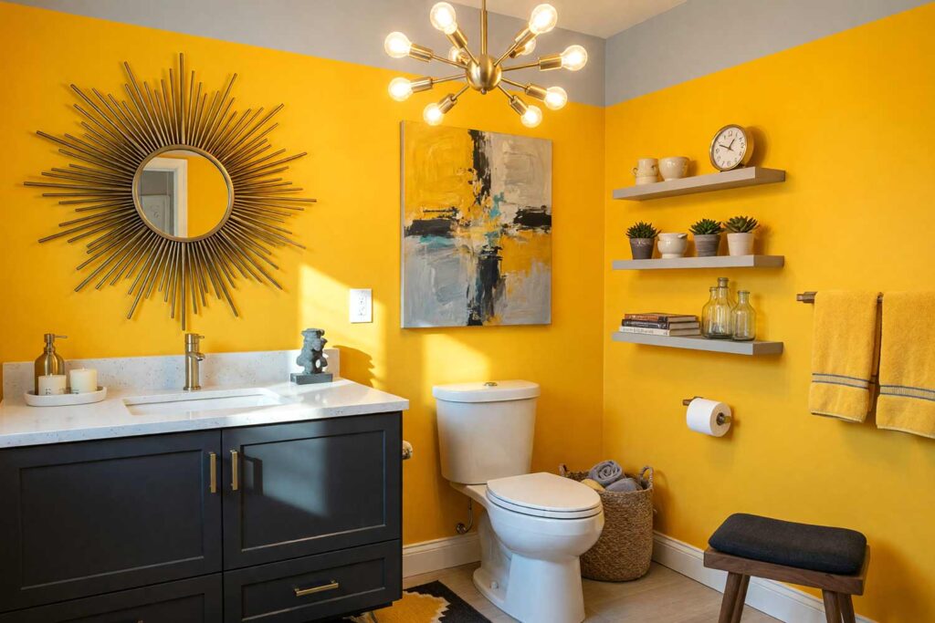Mid-Century Modern Powder Room with Yellow Walls Charcoal Cabinet Gray Ceiling and White Trim-5, mid-century modern powder room buttercup yellow walls deep charcoal cabinet pale dove gray ceiling soft white trim brass hardware. A vibrant powder room in a Scottsdale neighborhood featuring buttercup yellow walls paired with a deep charcoal vanity and brass hardware. The starburst mirror and sputnik chandelier add atomic-age flair, while floating shelves with mid-century ceramics and geometric rugs complete the retro-modern look. Dynamic lighting highlights the bold colors and clean lines, creating an optimistic and stylish space. powder room paint ideas, powder room paint colors, powder room color inspiration, half bath paint ideas, bathroom color ideas, powder room color ideas, small bathroom paint ideas, powder room color schemes, guest bathroom paint ideas