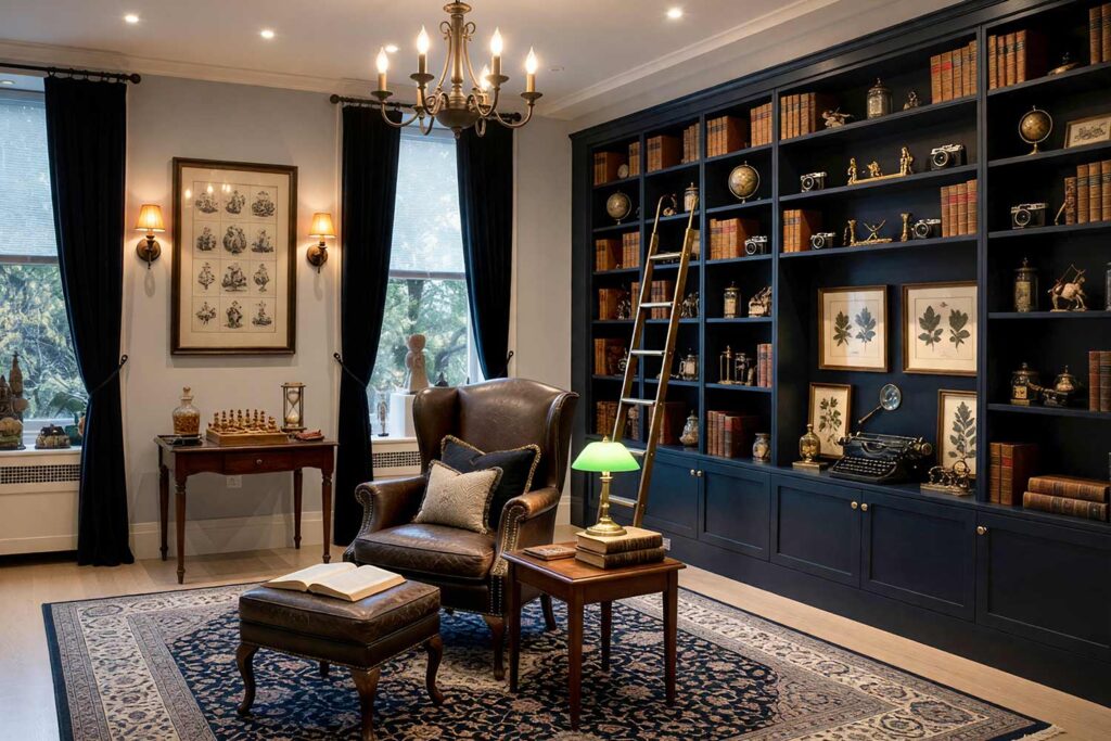 Moody Library with Ink Navy Cabinets and Warm Alabaster Trim-3, moody dark academia library ink navy bookshelves charcoal ink back panel warm alabaster trim soft dove gray walls. A richly appointed library in a Scottsdale neighborhood featuring ink navy built-in bookshelves with a charcoal back panel that enhances the moody atmosphere. The space is filled with leather-bound classics, vintage cameras, and antique medical illustrations. A worn leather wingback chair, brass rolling ladder, and velvet curtains create an immersive environment perfect for painting built-in bookshelves with sophisticated bookshelf paint color ideas to evoke dark academia style. Bookshelf paint color ideas, Painting built-in bookshelves, Color ideas for painting bookshelves, Built-in bookcase design ideas, Ideas for painting built-in shelves, Built-in bookshelf color inspiration, Bookcase paint colors
