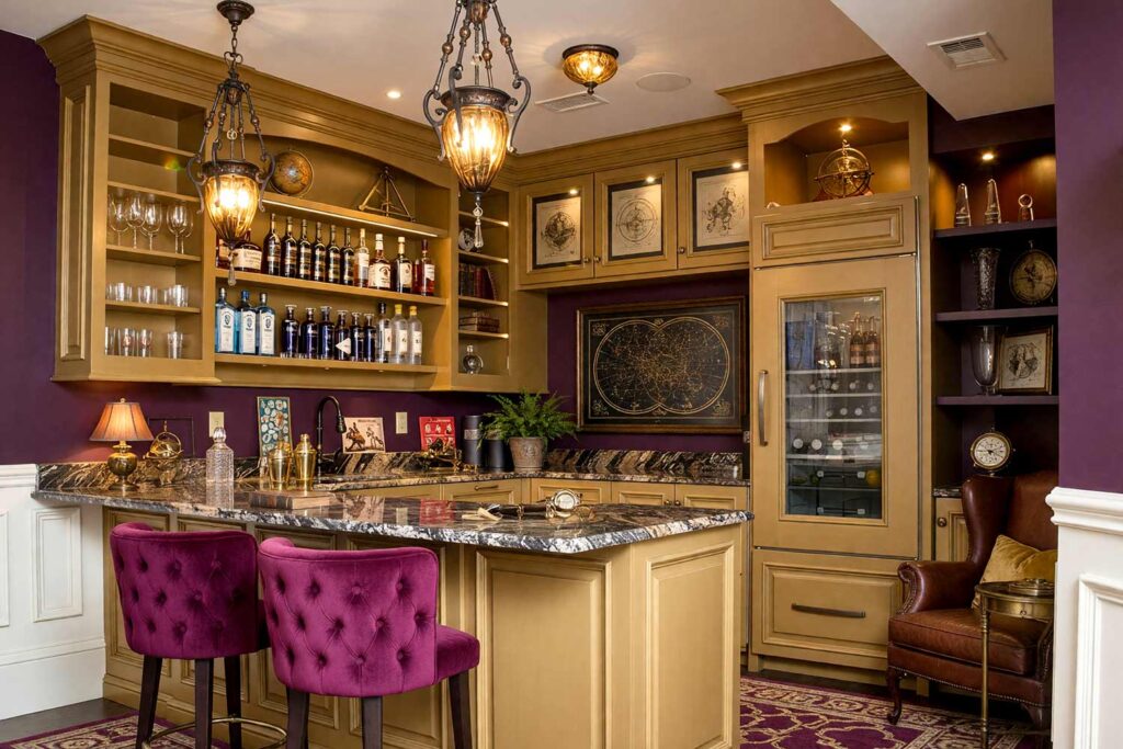 Moody Study and Bar with Aubergine Purple Walls and Warm Honey Gold Cabinets-1, moody dark academia private study home bar deep aubergine purple walls warm honey gold cabinetry soft parchment ceiling aged ivory trim. A sophisticated home bar in a Scottsdale neighborhood featuring rich aubergine walls, glowing honey gold cabinetry, and vintage astrolabes and sextants. Décor includes leather-bound books, antique globes, and warm amber lighting. Dramatic shadows and highlights create an intimate, timeless atmosphere perfect for quiet reflection or intimate gatherings. bar cabinet paint colors, home bar color palette, wine nook paint colors, built-in bar paint scheme, bar area color combinations