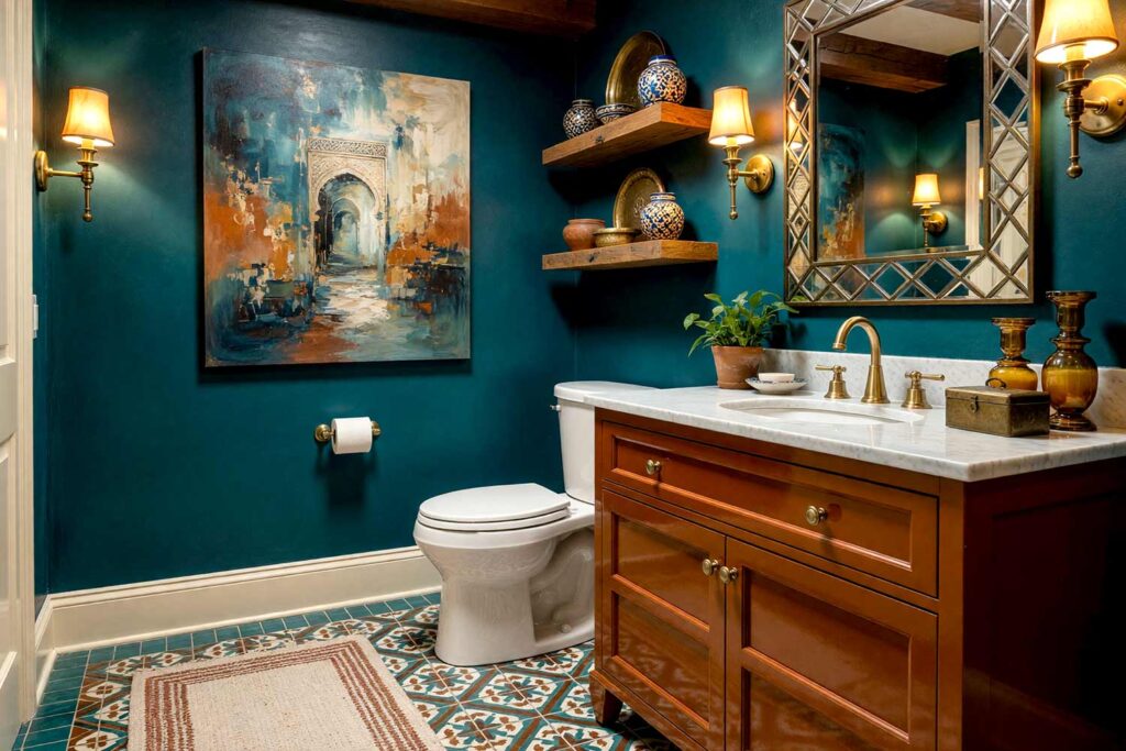 Moroccan Half Bath with Teal Walls Burnt Sienna Cabinet and Cream Trim-1, moroccan colonial powder room deep teal walls burnt sienna cabinet warm cream trim patterned tile flooring brass lighting. A richly colored powder room in a Scottsdale neighborhood featuring deep teal walls and ceiling paired with a burnt sienna vanity. Patterned tile floors, brass lighting, and Moroccan ceramics create an exotic, sophisticated atmosphere. Dynamic lighting highlights the jewel tones and intricate textures, evoking a luxurious colonial retreat. powder room design ideas, half bath color ideas, powder room decorating ideas, small bath paint colors, powder room wall color ideas, bold bathroom paint ideas, powder room makeover ideas, powder room paint inspiration