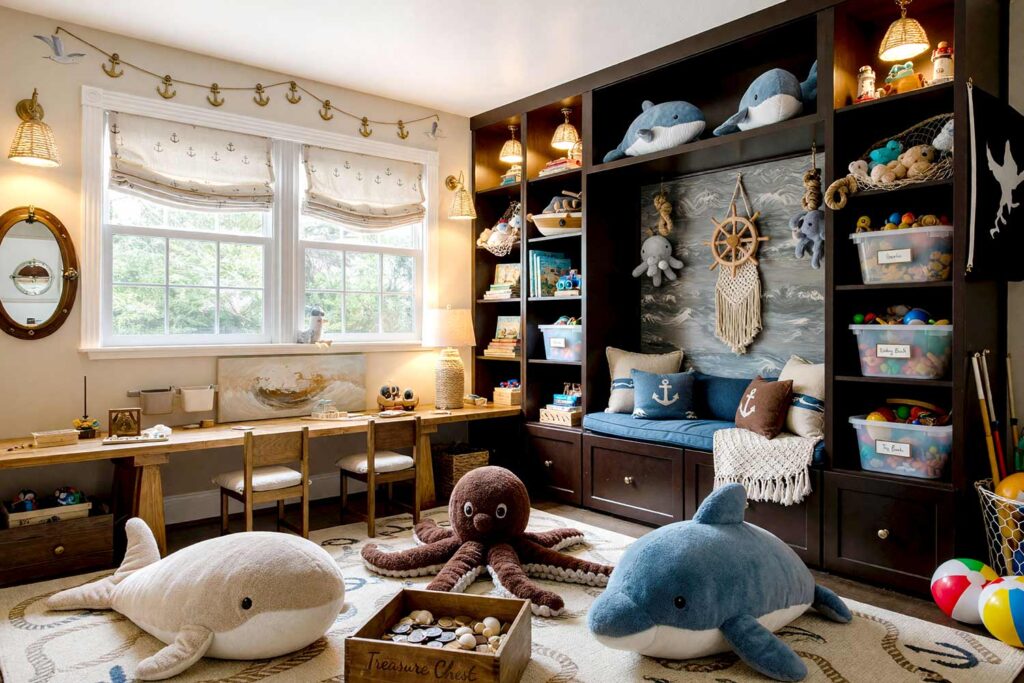Nautical Discovery Cove Playroom with Sandy Beige Walls Rich Dark Espresso Brown Cabinets-3, nautical discovery cove playroom sandy beige walls rich dark espresso brown cabinets cloud white ceiling playroom paint colors kids toys games puzzles. An immersive nautical discovery cove playroom in a Scottsdale neighborhood designed for active children, featuring warm sandy beige walls that glow like a shoreline, rich dark espresso brown built-in cabinetry with abundant toy storage, and cloud white ceiling and trim with semi-gloss finish. Oversized stuffed sea creatures, colorful beach balls, large storage bins overflowing with puzzles and board games, toy boats, fishing nets, and interactive nautical toys fill the space. A wooden play table surrounded by child-sized chairs, rope-wrapped pendant lights, a porthole-shaped mirror, and nautical artwork create an authentic maritime atmosphere. Afternoon sunlight streams through the window, illuminating the colorful toy collections and casting dynamic shadows, making this playroom a perfect discovery cove for young explorers to imagine endless nautical adventures and engage in collaborative play. playroom color inspiration, best colors for a playroom, playroom wall colors, children's playroom paint ideas, kids' room paint palette, playroom decorating colors, color ideas for kids' playrooms
