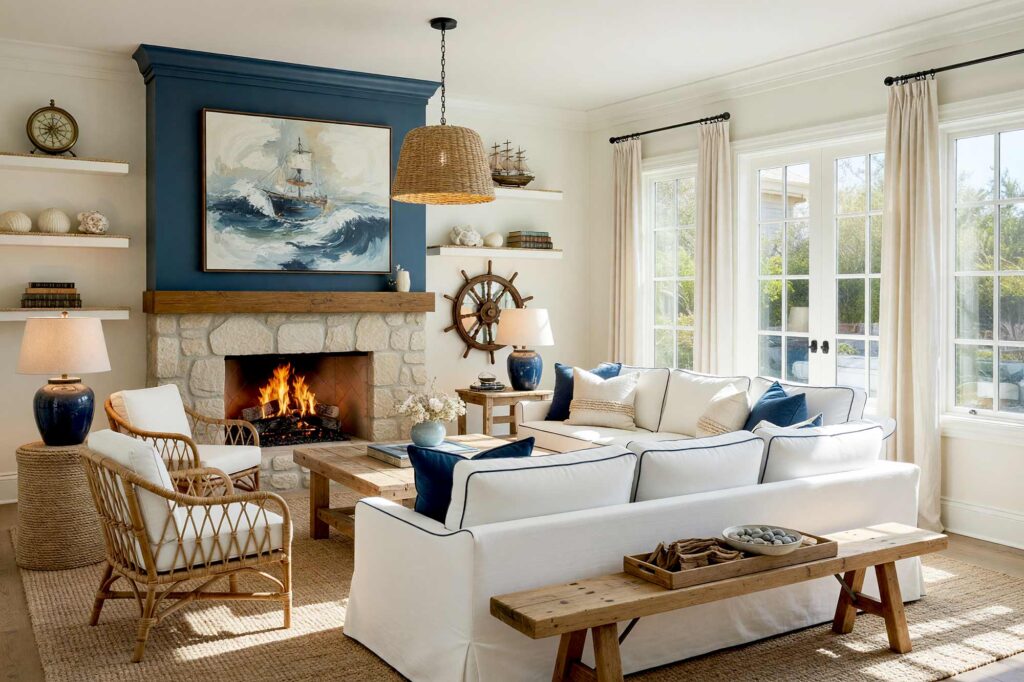 Nautical-Modern Sunroom with Warm Cream Walls and Deep Slate Blue Accent Wall-1-FEATURE, nautical modern sunroom warm cream walls deep slate blue accent wall light hardwood floors coastal decor scottsdale neighborhood. A serene sunroom in a Scottsdale neighborhood featuring soft cream walls, a deep slate blue accent wall, and light hardwood floors. Décor includes a white slipcovered sofa with navy piping, rattan armchairs, a reclaimed wood coffee table, and a rope-detailed mirror. The light seagrass pendant and expansive windows create a bright, coastal-inspired retreat with dynamic, dramatic lighting. sunroom paint colors, arizona room color scheme, sunroom color scheme, sunroom color palette, sunroom colors, arizona room paint colors, arizona room paint scheme, sunroom paint ideas