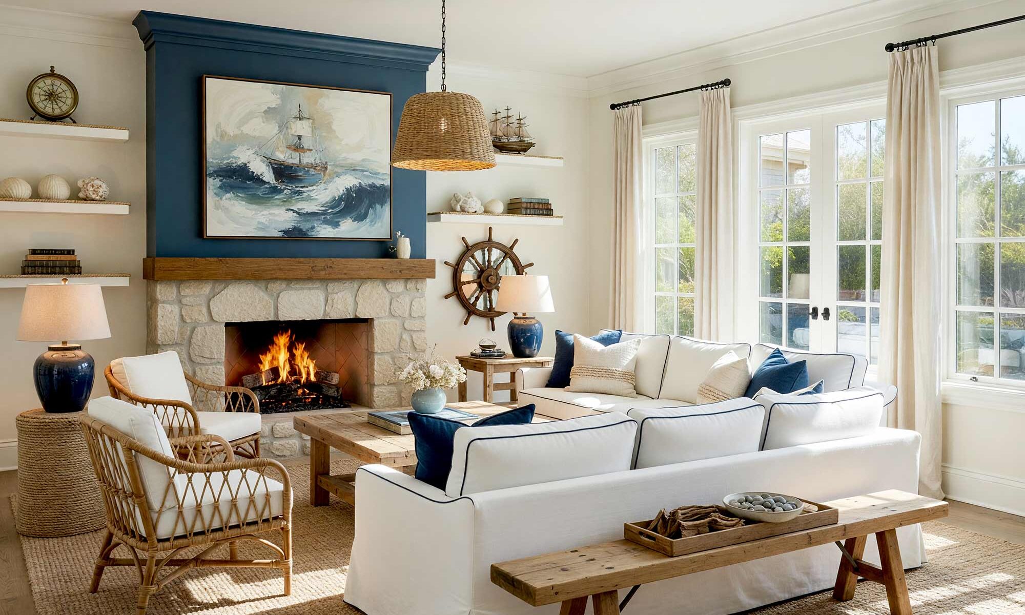Nautical-Modern Sunroom with Warm Cream Walls and Deep Slate Blue Accent Wall-1-FEATURE, nautical modern sunroom warm cream walls deep slate blue accent wall light hardwood floors coastal decor scottsdale neighborhood. A serene sunroom in a Scottsdale neighborhood featuring soft cream walls, a deep slate blue accent wall, and light hardwood floors. Décor includes a white slipcovered sofa with navy piping, rattan armchairs, a reclaimed wood coffee table, and a rope-detailed mirror. The light seagrass pendant and expansive windows create a bright, coastal-inspired retreat with dynamic, dramatic lighting. sunroom paint colors, arizona room color scheme, sunroom color scheme, sunroom color palette, sunroom colors, arizona room paint colors, arizona room paint scheme, sunroom paint ideas