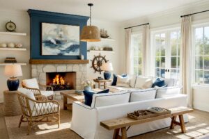 Nautical-Modern Sunroom with Warm Cream Walls and Deep Slate Blue Accent Wall-1-FEATURE, nautical modern sunroom warm cream walls deep slate blue accent wall light hardwood floors coastal decor scottsdale neighborhood. A serene sunroom in a Scottsdale neighborhood featuring soft cream walls, a deep slate blue accent wall, and light hardwood floors. Décor includes a white slipcovered sofa with navy piping, rattan armchairs, a reclaimed wood coffee table, and a rope-detailed mirror. The light seagrass pendant and expansive windows create a bright, coastal-inspired retreat with dynamic, dramatic lighting. sunroom paint colors, arizona room color scheme, sunroom color scheme, sunroom color palette, sunroom colors, arizona room paint colors, arizona room paint scheme, sunroom paint ideas