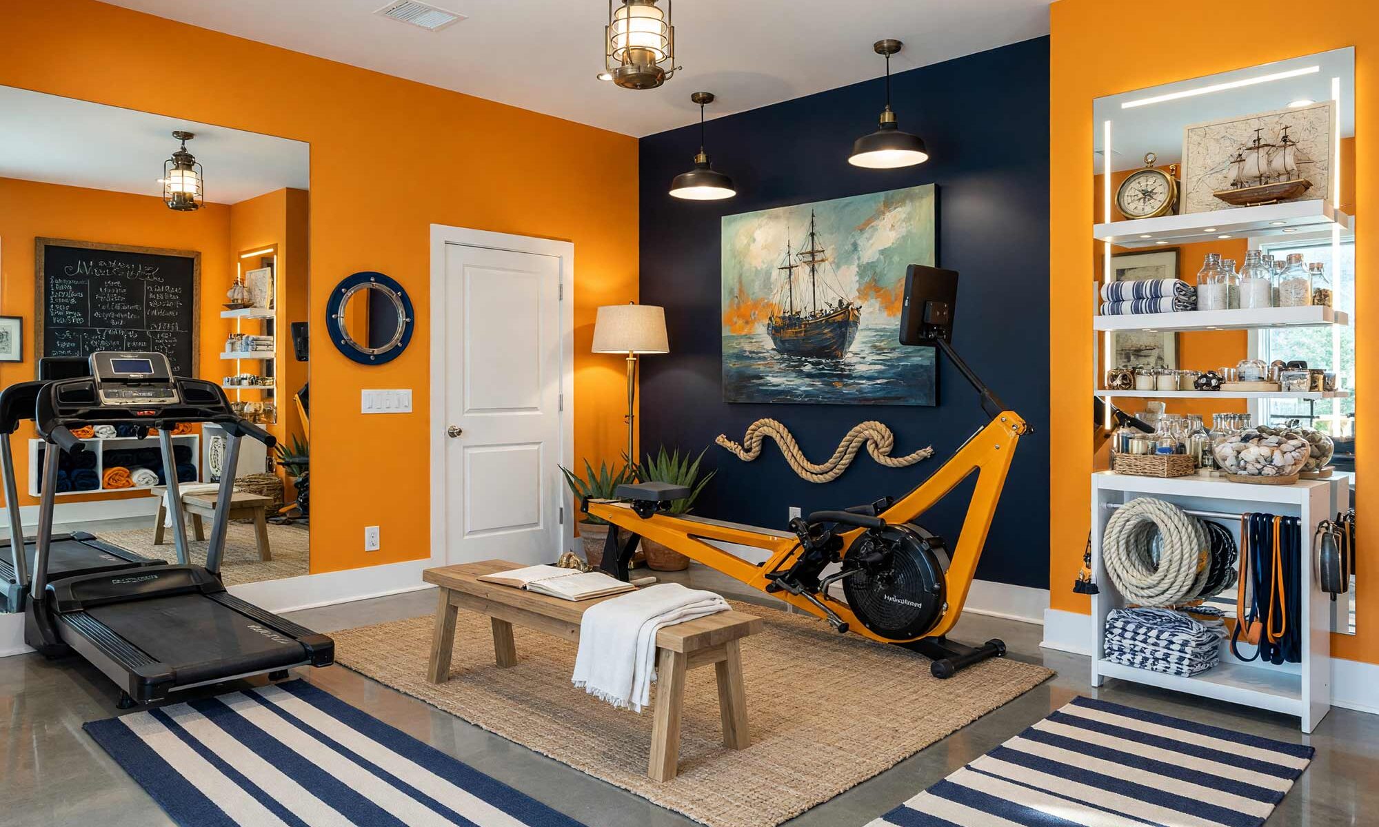 Nautical Rowing Sanctuary with Marigold Walls Navy Accent and White Trim-4-FEATURE, nautical home gym paint colors marigold orange walls navy ink accent wall bright white trim polished concrete flooring rowing machine scottsdale. A premium rowing sanctuary in a Scottsdale neighborhood featuring a matte black Concept2 RowErg positioned against a dramatic navy accent wall, surrounded by vibrant marigold energy. Curated maritime décor includes a coiled rope wall sculpture, a painted porthole mirror, floating shelves displaying nautical charts and brass compasses, and a briny ocean-air diffuser creating an immersive coastal atmosphere. Polished concrete flooring and bright white trim frame the space with precision, while dramatic natural light and brass ship's lanterns create dynamic shadows and highlights. Every element reinforces the sensation of cutting through open water—a luxurious, focused training environment that combines maritime swagger with serious athletic purpose. home gym paint colors, gym paint colors, workout room color, home gym color palette, home gym color scheme, workout space paint colors, exercise room paint colors