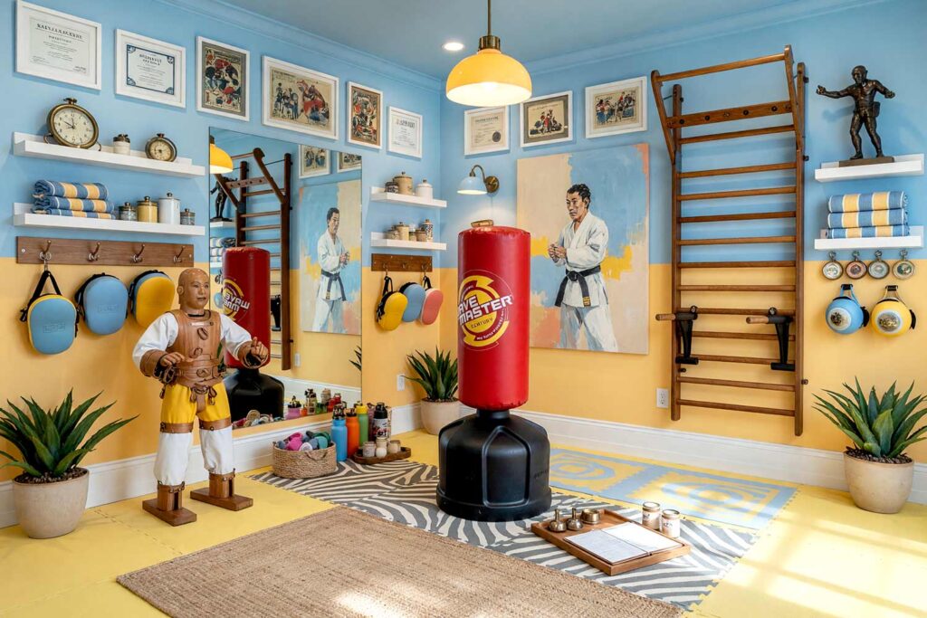 Playful Mid-Century Kids' Martial Arts Studio with Sky Blue Upper Walls and Yellow Lower Walls-3, kids martial arts home gym paint colors soft sky blue upper walls muted sun-yellow lower walls bright white trim foam padded flooring karate training scottsdale. A cheerful mid-century modern kids' martial arts sanctuary in a Scottsdale neighborhood featuring a Century Wavemaster freestanding punching bag positioned prominently in the center of the room, surrounded by soft sky blue upper walls and muted sun-yellow lower walls that create a playful yet focused atmosphere. Curated mid-century décor includes a speed bag stand, foam plyometric boxes in coordinating colors, Zebra Tatami-style martial arts mats, an agility ladder in bright white, padded focus mitts, and a light citrus-scented diffuser keeping the room fresh. Foam wall pads in matching muted sun-yellow soften falls and provide safety, while bright white trim and LED-backlit mirrors amplify the cheerful energy. Dramatic natural light and warm pendant fixtures create dynamic shadows and highlights, transforming the gym into a premium kids' martial arts training space built for giggles, focus, and structured chaos where young athletes develop discipline and confidence. home gym paint colors, gym paint colors, workout room color, home gym color palette, home gym color scheme, workout space paint colors, exercise room paint colors