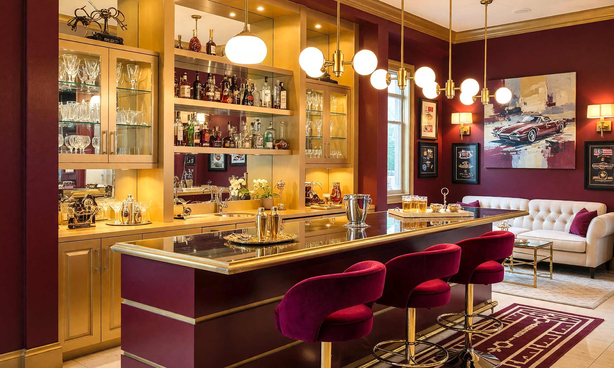 Racing Home Bar with Burgundy Walls Gold Millwork and Cream Ceiling-1-FEATURE, luxurious home bar burgundy walls gold millwork cream ceiling deep burgundy trim 1950s design. A glamorous home bar in a Scottsdale neighborhood featuring a curved gold bar with burgundy velvet stools, gold-accented lighting, and racing-inspired artwork. Built-in shelves display liquor and memorabilia, while dramatic lighting enhances the rich, vintage palette of this sophisticated space. home bar paint colors, house paint colors, paint color inspiration, bar nook colors, wet bar paint colors, cocktail nook color palette, entertainment nook paint scheme