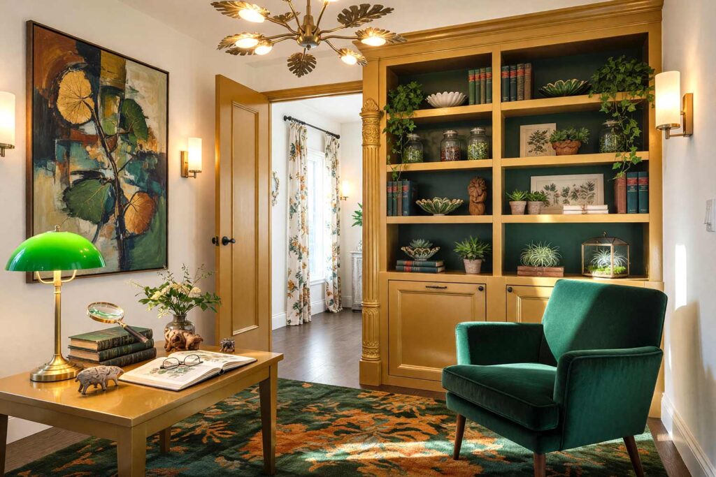 Reading Corner with Amber Bookshelves Forest Green Back Panel and White Walls-4, elegant botanical reading corner golden amber bookshelves deep forest green back panel soft white walls polished maple flooring. A refined reading nook in a Scottsdale neighborhood with mid-century modern velvet seating and golden amber built-ins against a deep forest green backdrop. Botanical cubist art, brass leaf-shaped lighting, and curated plant displays create a warm and inspiring nature-infused space. Late afternoon sunlight enhances the rich textures and dramatic color contrasts, perfect for plant lovers and readers alike. Bookshelf paint color ideas, Painting built-in bookshelves, Color ideas for painting bookshelves, Built-in bookcase design ideas, Ideas for painting built-in shelves, Built-in bookshelf color inspiration, Bookcase paint colors