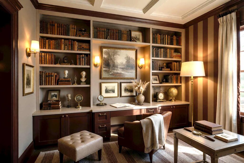 Reading Room with Warm Taupe Walls and Deep Cocoa Stripes, quiet luxury reading room warm taupe walls deep cocoa stripes soft ivory ceiling deep cocoa trim warm taupe bookshelves. A serene Scottsdale neighborhood sanctuary featuring a deep cocoa leather club chair with a cashmere throw, built-in warm taupe bookshelves filled with leather-bound books, and brass lighting fixtures. The subtle striped accent wall adds refined depth while late afternoon sunlight casts dramatic shadows, creating an atmosphere of quiet confidence and sophisticated comfort for readers seeking a luxurious retreat. painting striped walls, painting wall stripes, painted wall stripes, two tone striped walls, painting striped accent walls, striped wall paint ideas, painted stripe walls