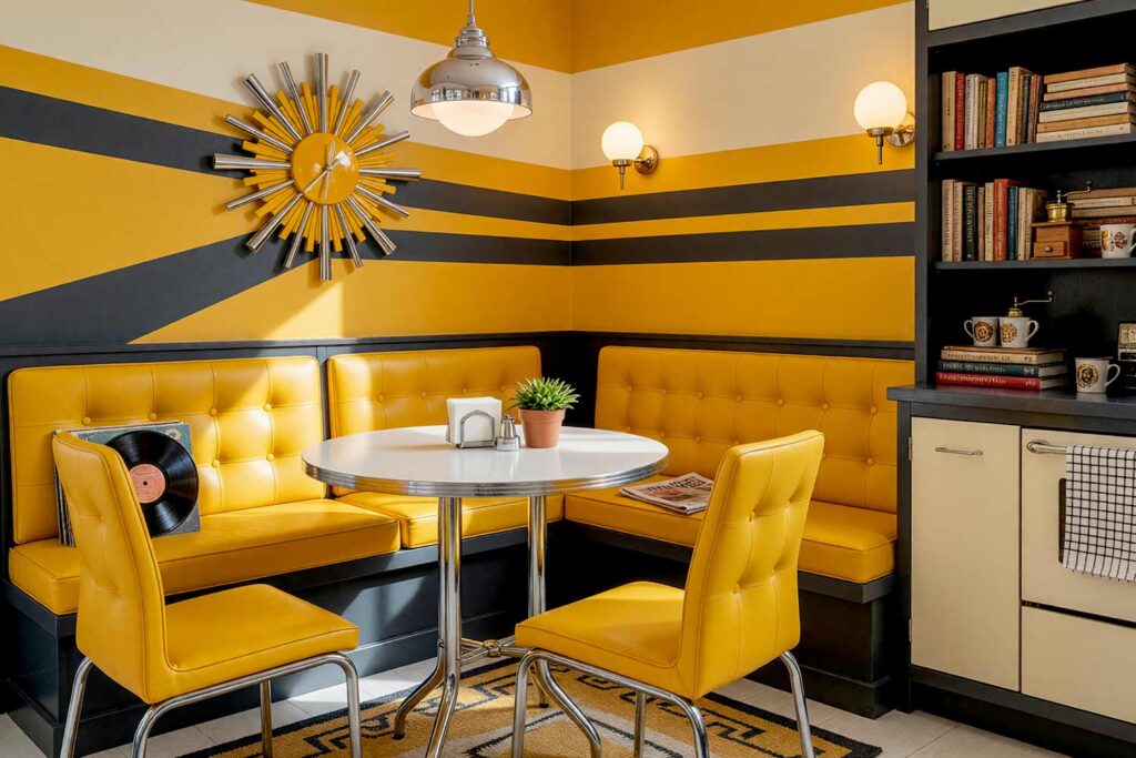 Retro Atomic Breakfast Nook with Mustard Yellow and Charcoal Striped Accent Wall-2, retro atomic breakfast nook mustard yellow charcoal striped accent wall buttercream walls ceiling charcoal trim. A lively Scottsdale neighborhood nook featuring bold mustard yellow and charcoal stripes, chrome-legged bistro table, mustard bank seating, and vintage vinyl records. The starburst clock and brass coffee grinder add mid-century flair, while morning sunlight casts dramatic shadows, creating a playful, nostalgic atmosphere perfect for energizing mornings. bold striped wall paint, two-color striped walls, painting a striped wall, vertical striped wall paint, horizontal striped wall paint, multicolor wall stripes, custom painted stripes