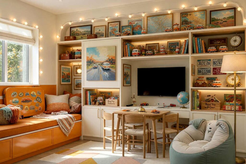 Retro Camper Corner Playroom with Pale Putty Walls Amber Orange Window Seat-3, retro camper corner playroom pale putty walls amber orange window seat soft white ceiling playroom paint colors vintage travel. A nostalgic retro camper-inspired playroom in a Scottsdale neighborhood featuring pale putty walls that evoke a sun-baked dashboard, an amber orange window-seat storage unit glowing like sunset, and soft white ceiling with pale putty trim. Warm café lights strung along the trim create a vintage glow, while a woven picnic blanket and vintage travel stickers on the storage lid complete the authentic road-trip aesthetic. Floating shelves display vintage travel guides, miniature license plates, and camper figurines. Afternoon sunlight highlights the amber orange accents and warm textures, making this playroom a perfect retreat for young dreamers who already navigate life by mile markers and imagine endless highways ahead. playroom color inspiration, best colors for a playroom, playroom wall colors, children's playroom paint ideas, kids' room paint palette, playroom decorating colors, color ideas for kids' playrooms