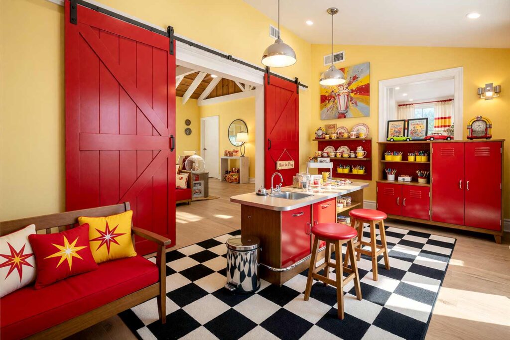 Retro Diner Playhouse with Butter Yellow Walls Cherry Red Lockers and Crisp White Ceiling-1, retro diner playroom butter yellow walls cherry red lockers crisp white ceiling playroom paint colors 1950s. A joyful 1950s diner-inspired playroom in a Scottsdale neighborhood featuring a wooden play counter with cherry red front panel and chrome footrest, cherry red built-in lockers with chrome handles, and floating shelves displaying vintage diner memorabilia and toy collections. The butter yellow walls bounce light around like sunshine, while a classic black and white checkerboard rug anchors the space. Vintage-style chrome pendant lights and sconces cast warm illumination across the room, highlighting the bold cherry red accents and butter yellow walls. Throw pillows in retro starburst patterns and a pegboard crayon organizer complete the authentic diner aesthetic. Afternoon sunlight creates dramatic shadows and reflections on chrome fixtures, making this playroom the ultimate destination for milkshake giggles and spontaneous dance parties. playroom paint colors, color palette for playroom, kids room color scheme, playroom color palette, playroom color combinations, paint colors for playrooms, kids playroom color ideas, playroom color schemes