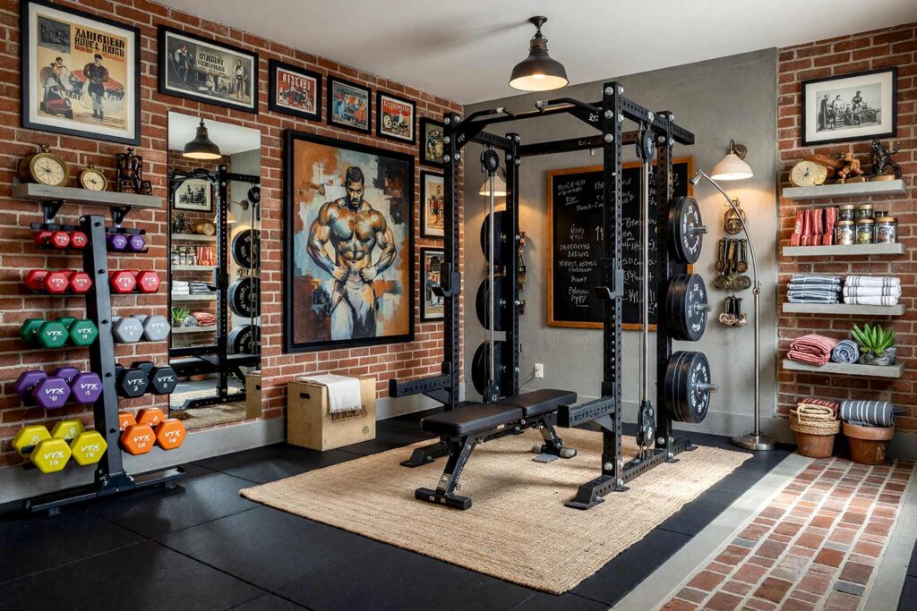 Rustic Lodge Powerlifting Sanctuary with Brick Red Walls and Gray Accent-3, rustic lodge home gym paint colors brick red walls concrete gray accent wall soft white trim vulcanized rubber flooring power rack strength training scottsdale. A grounded powerlifting sanctuary in a Scottsdale neighborhood featuring a Rogue Fitness Monster Series Power Rack positioned against a dramatic concrete gray accent wall, surrounded by rich brick red walls that radiate raw strength and grit. Curated rustic lodge décor includes calibrated steel powerlifting plates, an Eleiko competition barbell, vintage powerlifting competition posters, floating shelves displaying strength achievement medals, and a metallic-scented diffuser evoking steel and chalk. Vulcanized rubber stall mats with a distinctive metallic tang ground the space in authentic gym atmosphere, while soft white trim and LED-backlit mirrors amplify the industrial aesthetic. Dramatic natural light and warm pendant fixtures create dynamic shadows and highlights, transforming the gym into a premium powerlifting sanctuary where every clank of dropped plates is a badge of honor and every lift is a statement of pure determination. home gym paint colors, gym paint colors, workout room color, home gym color palette, home gym color scheme, workout space paint colors, exercise room paint colors