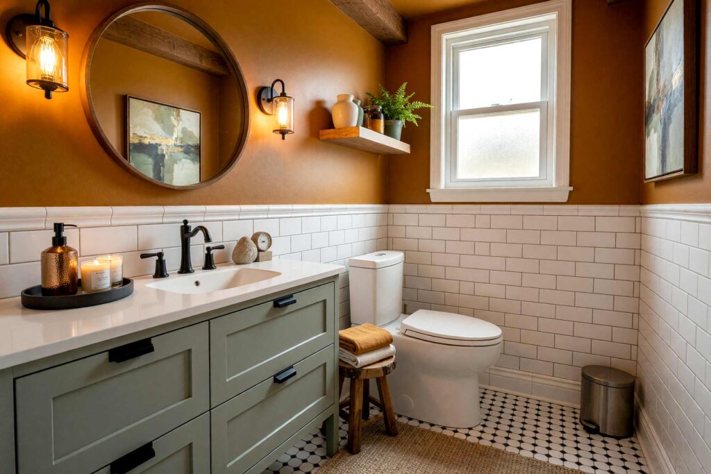 Rustic Modern Powder Room with Amber Walls, Gray-Green Cabinet, and White Trim-3-FEATURE, rustic modern powder room deep amber walls cool gray-green cabinet warm white trim matte black faucet reclaimed wood details. A cozy retreat in a Scottsdale neighborhood featuring deep amber walls and a matching ceiling that glow like candlelight, a cool gray-green vanity with a matte black faucet, and warm white trim for contrast. The room is adorned with floating wooden shelves, amber glass jars, and textured jute rugs, complemented by dramatic lighting that emphasizes the rustic modern aesthetic, , powder room paint ideas, powder room paint colors, powder room color inspiration, half bath paint ideas, bathroom color ideas, powder room color ideas, small bathroom paint ideas, powder room color schemes, guest bathroom paint ideas