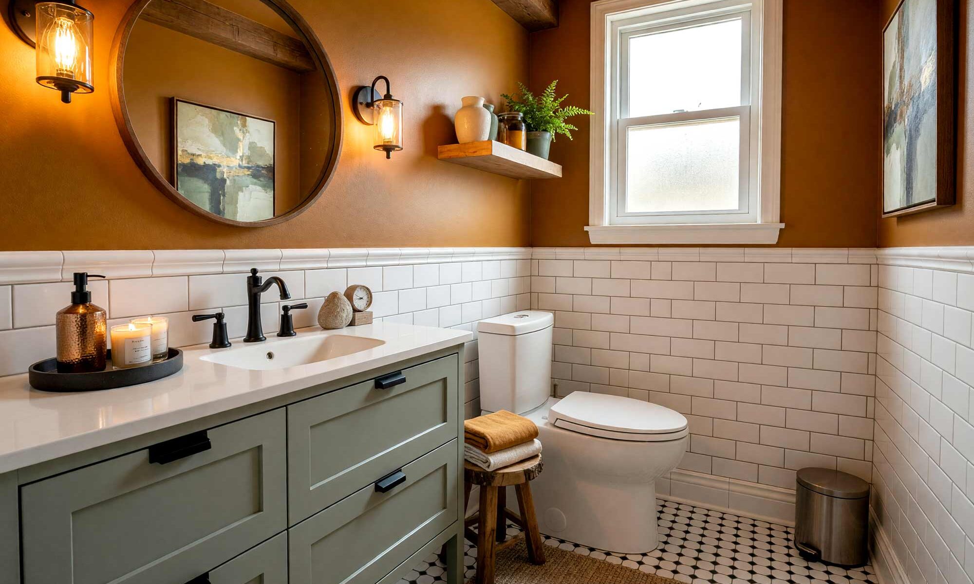 Rustic Modern Powder Room with Amber Walls, Gray-Green Cabinet, and White Trim-3-FEATURE, rustic modern powder room deep amber walls cool gray-green cabinet warm white trim matte black faucet reclaimed wood details. A cozy retreat in a Scottsdale neighborhood featuring deep amber walls and a matching ceiling that glow like candlelight, a cool gray-green vanity with a matte black faucet, and warm white trim for contrast. The room is adorned with floating wooden shelves, amber glass jars, and textured jute rugs, complemented by dramatic lighting that emphasizes the rustic modern aesthetic, , powder room paint ideas, powder room paint colors, powder room color inspiration, half bath paint ideas, bathroom color ideas, powder room color ideas, small bathroom paint ideas, powder room color schemes, guest bathroom paint ideas