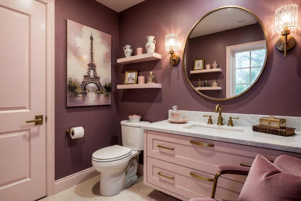Soft Glam Boudoir Powder Room with Dusty Plum Walls Blush Pink Cabinet and Trim, soft glam boudoir powder room dusty plum walls blush pink cabinet ivory trim crystal sconces velvet chaise. A romantic powder room in a Scottsdale neighborhood featuring moody dusty plum walls paired with a blush pink vanity and ivory trim. Crystal sconces and a velvet chaise add Parisian-inspired elegance, while abstract art and delicate accessories create a quietly dramatic and refined atmosphere. Dynamic lighting enhances the luxurious textures and soft glam vibe. powder room paint ideas, powder room paint colors, powder room color inspiration, half bath paint ideas, bathroom color ideas, powder room color ideas, small bathroom paint ideas, powder room color schemes, guest bathroom paint ideas