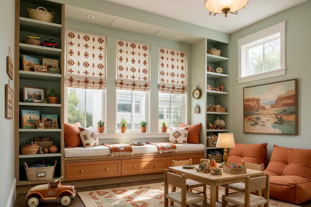 Southwestern Desert Explorer Playroom with Pale Sage Green Walls Rust Orange Window Seat-5, southwestern desert explorer playroom pale sage green walls rust orange window seat sandstone white trim soft white ceiling playroom paint colors kids toys. An authentically grounded Southwestern desert explorer playroom in a Scottsdale neighborhood designed for active children, featuring pale sage green walls that evoke the natural desert landscape, a rust orange window-seat toybox with abundant storage and linen cushioning, and sandstone white trim with semi-gloss finish. Floating pale sage green shelves display hand-woven baskets filled with toy cars and action figures, colorful picture books about desert animals, wooden puzzles, toy dinosaurs, and potted cacti. A geometric jute rug in rust orange and sage green anchors the wooden play table surrounded by child-sized chairs, with building blocks and art supplies ready for creative play. Woven textile throws and terracotta pottery complete the authentic Southwest aesthetic. Afternoon sunlight streams through the window, warming the rust orange accents and illuminating toy collections, making this playroom a perfect retreat for young explorers seeking connection to the desert landscape and endless imaginative adventures. playroom color inspiration, best colors for a playroom, playroom wall colors, children's playroom paint ideas, kids' room paint palette, playroom decorating colors, color ideas for kids' playrooms