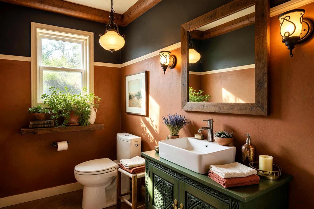 Southwestern Hacienda Powder Room with Clay Terracotta Walls Avocado Green Cabinet Cream Trim-5, southwestern hacienda powder room clay terracotta and avocado green walls avocado green cabinet warm cream trim rustic wood accents. A warm and inviting powder room in a Scottsdale neighborhood featuring clay terracotta walls, a avocado green vanity with brass hardware, and warm cream trim. Rustic wood beams, hand-glazed ceramics, and a woven rug complete the Southwestern aesthetic, while dynamic lighting highlights the earthy tones and textures. powder room paint ideas, powder room paint colors, powder room color inspiration, half bath paint ideas, bathroom color ideas, powder room color ideas, small bathroom paint ideas, powder room color schemes, guest bathroom paint ideas