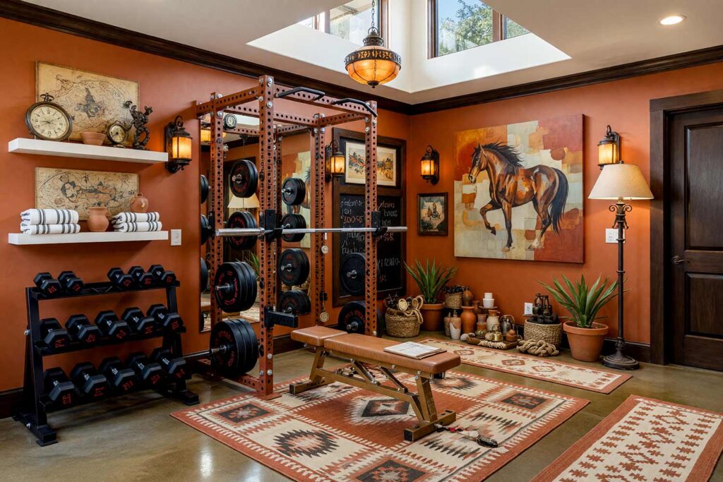 Southwestern Home Gym with Warm Terracotta Walls Bone White Storage and Dark Walnut Trim-6, southwestern home gym paint colors warm terracotta walls bone white storage cabinets dark walnut brown trim polished concrete flooring power rack strength training scottsdale. A sun-warmed Southwestern hacienda strength sanctuary in a Scottsdale neighborhood featuring a Rogue Fitness Monster Series Power Rack positioned in the center of the room, surrounded by rich warm terracotta walls that radiate desert heat and grounded strength. Curated Southwestern décor includes a woven Navajo-pattern rug anchoring the free weight zone, potted agave plants in terra-cotta pots, hand-painted ceramic tiles, Navajo-inspired geometric art, and a piñon or sage-scented diffuser evoking authentic desert atmosphere. Bone white storage cabinets and ceiling create striking visual contrast while amplifying light, while dark walnut brown trim frames the space with warmth and precision. Dramatic natural light and warm amber pendant fixtures create dynamic shadows and highlights, transforming the gym into a premium Southwestern training sanctuary where strength training becomes a sense of place and the room makes you forget you're in a converted spare bedroom. home gym paint colors, gym paint colors, workout room color, home gym color palette, home gym color scheme, workout space paint colors, exercise room paint colors