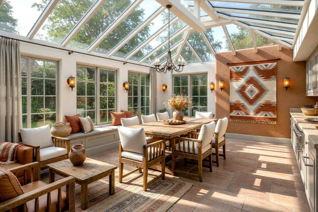 Southwestern Sunroom with Terracotta Clay Accent Wall and Saltillo Tile Floors-1, southwestern hacienda sunroom bone white walls terracotta clay accent wall saltillo tile floors rustic decor scottsdale neighborhood. A serene sunroom in a Scottsdale neighborhood featuring bone white walls, a terracotta clay accent wall, and Saltillo tile floors. Décor includes a caramel leather sofa, hand-carved wooden armchairs, a woven wall tapestry, and a raw clay olla jar. Late afternoon sunlight enhances the warm, rustic palette with dramatic shadows and highlights. sunroom paint colors, arizona room color scheme, sunroom color scheme, sunroom color palette, sunroom colors, arizona room paint colors, arizona room paint scheme, sunroom paint ideas