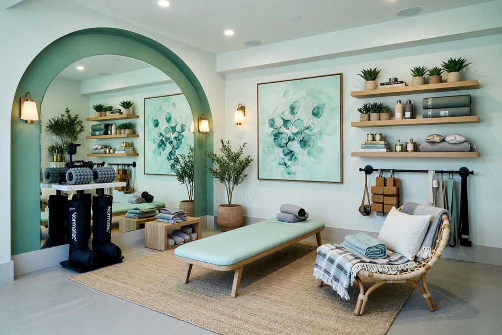 Spa-Inspired Recovery Lounge with Iced Mint Walls Cool Eucalyptus Arch and Soft Dove Gray Trim-7, spa-inspired recovery lounge iced mint walls cool eucalyptus arch soft dove gray trim polished concrete flooring home gym paint colors coastal wellness retreat in a Scottsdale neighborhood. A luxurious post-workout recovery space featuring a high-density foam roller station beneath a striking eucalyptus-green arch, Hyperice Normatec compression boots on a matte-black stand, and an Elkay filtered water dispenser surrounded by eucalyptus-infused cooling towels. Floating white oak shelves display meditation cushions, silk eye masks, wellness books, and potted agave plants, while a frameless floor-to-ceiling mirror with backlit LED strips creates a luminous focal point. The menthol-cool palette and dramatic lighting transform recovery into a luxurious ritual, perfect for lowering heart rate and fostering deep restoration after intense workouts. fitness room paint colors, yoga studio paint colors, home fitness room color scheme, workout room paint ideas, gym wall colors